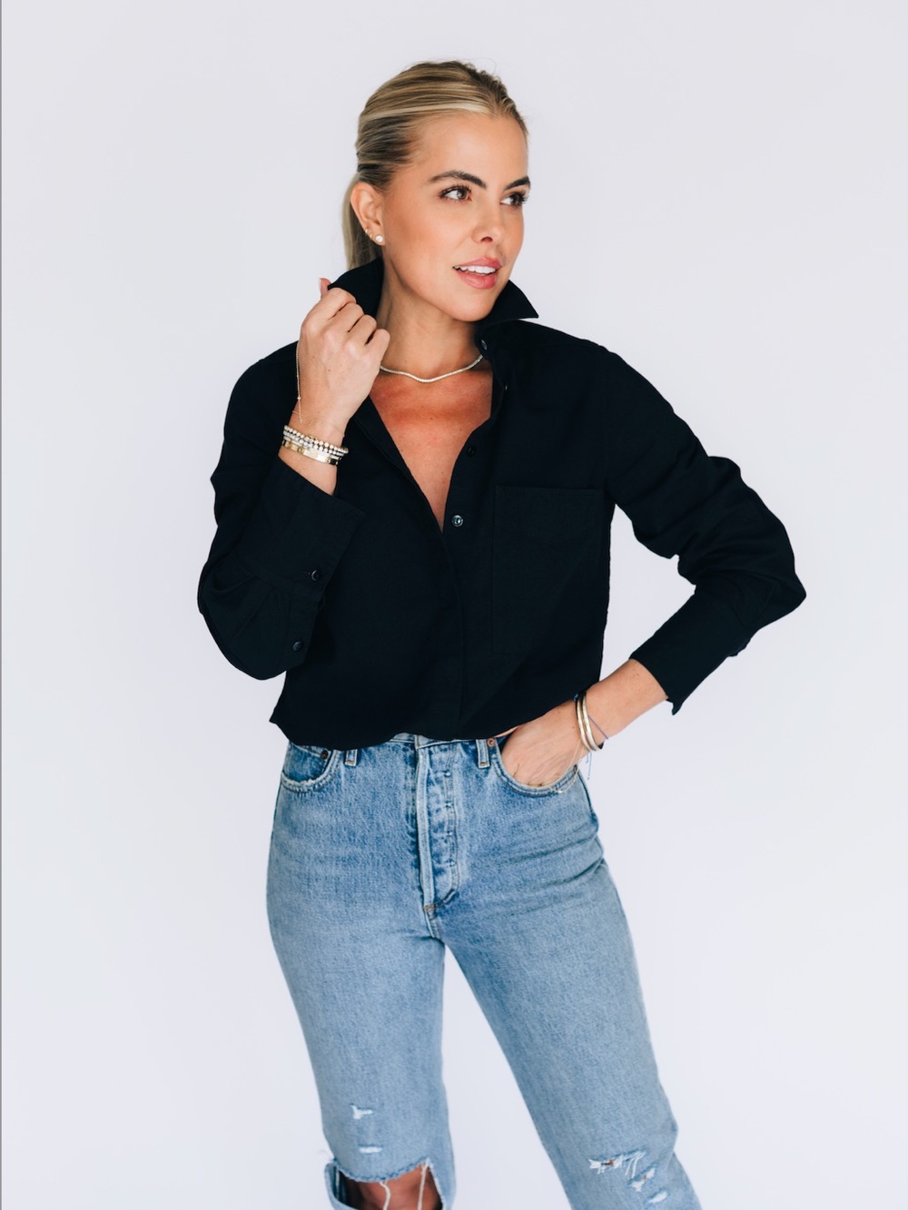 Hancock Clothing Talia Austin bodysuit Oxford button shirt